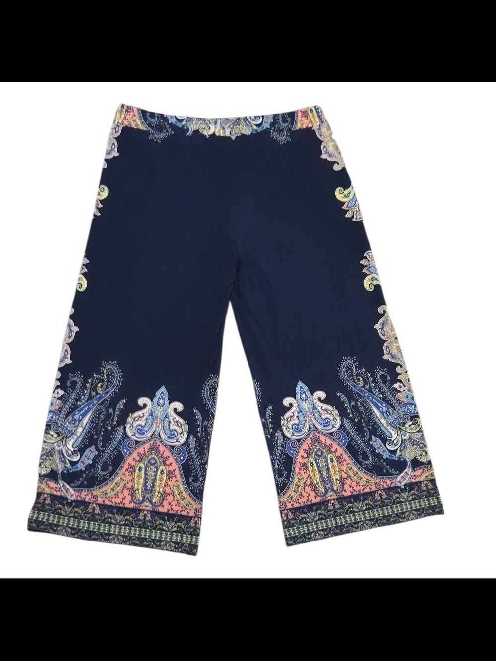 Cato Navy Wide-Leg Cropped Pants with Paisley Border